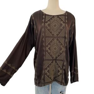 Johnny Was Ravenna Satin Embroidered Blouse Tunic Top Geometric Brown/Olive L